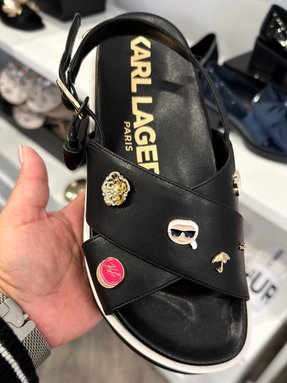 Karl Lagerfeld Black Leather Slide Sandals with Mixed Logo Pins